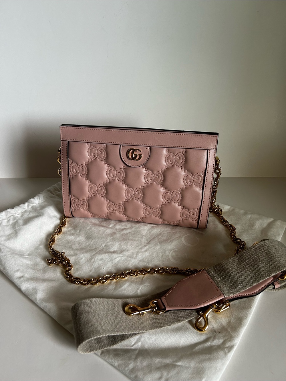 Gucci Pink Quilted GG Crossbody Bag with Gold Chain